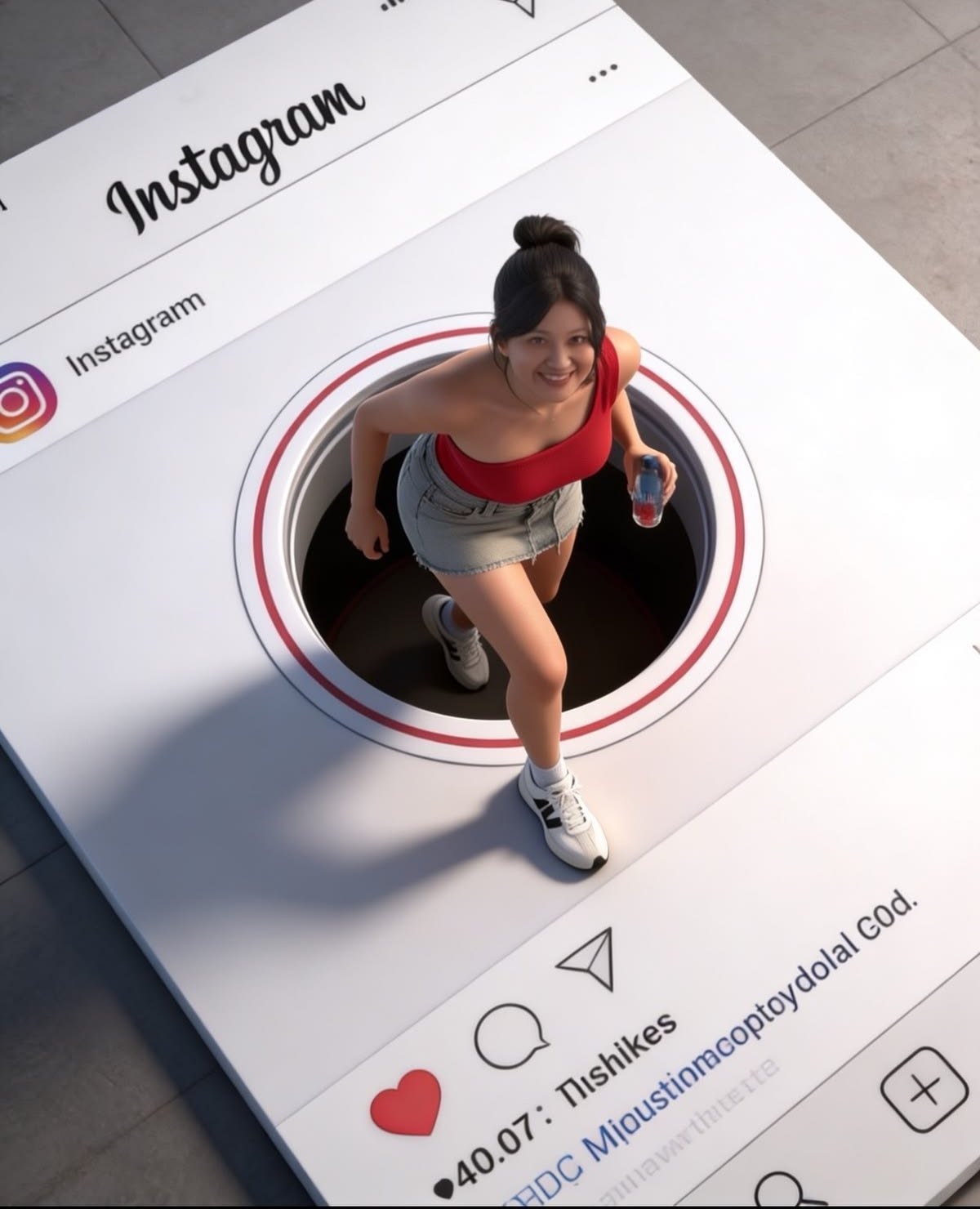Mulher saindo de um buraco no meio de um post do Instagram