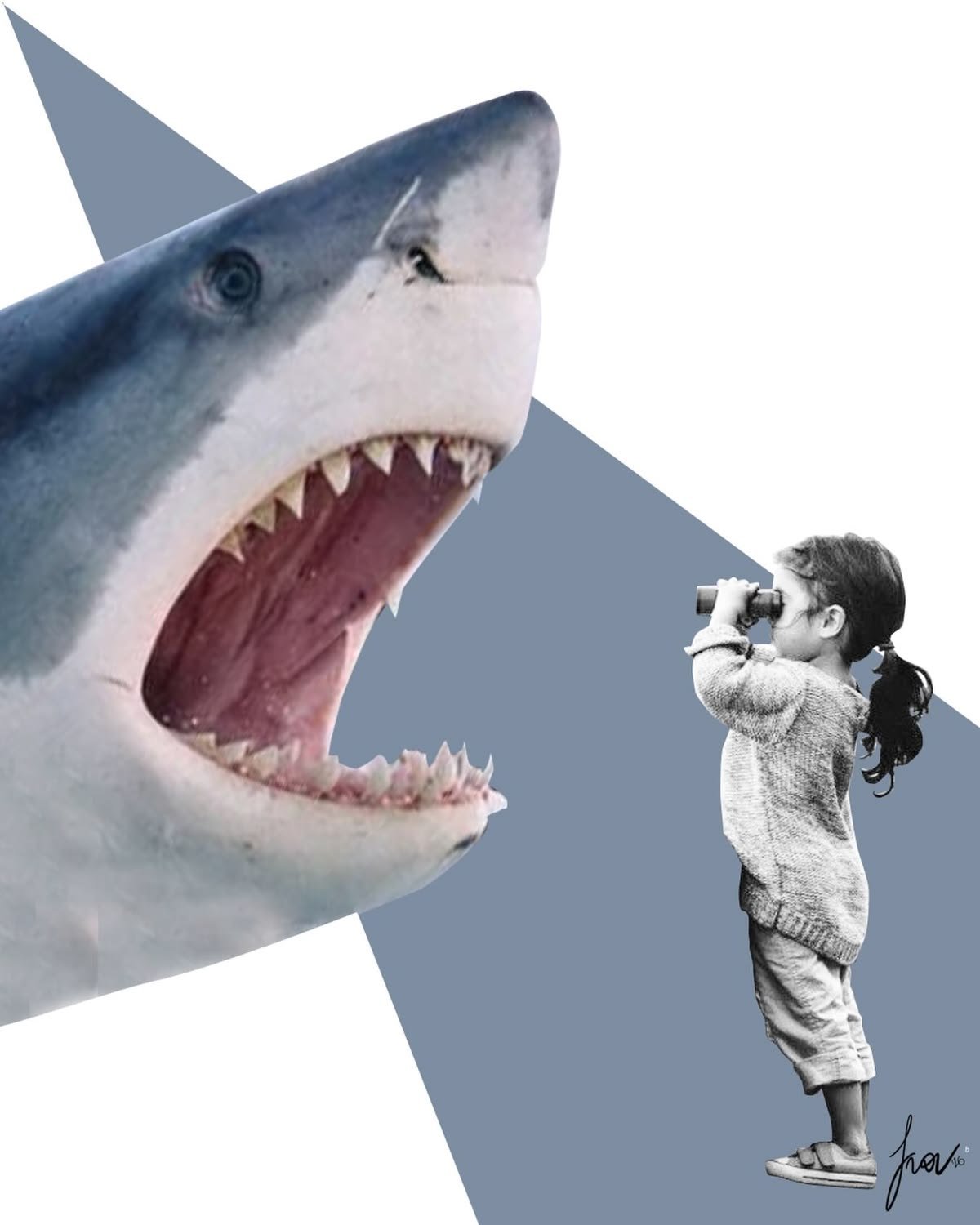 Colagem: menina com binóculo observando um tubarão de boca aberta