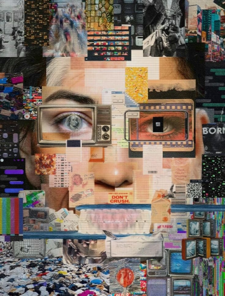Colagem: rosto feito de recortes, com olhos em televisores antigos
