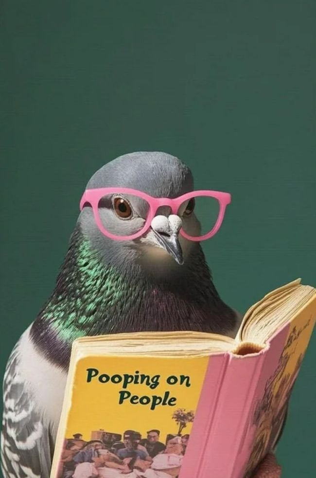 Pombo de óculos cor-de-rosa lendo um livro amarelo